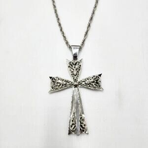 Vintage 70's Large Filigree Maltese Cross Pendant Silver tone 22" Chain Necklace